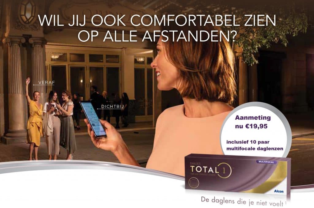 Wil jij ook comfortabel zien op alle afstanden? Aanmeting nu €19,95 inclusief 10 paar multifocale daglenzen.